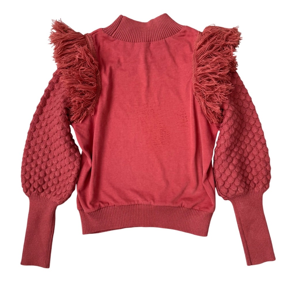 Dolan Left Coast Anthropologie Rust Fringe Sweater XS | Puff Sleeve Fall Top - Picture 5 of 10